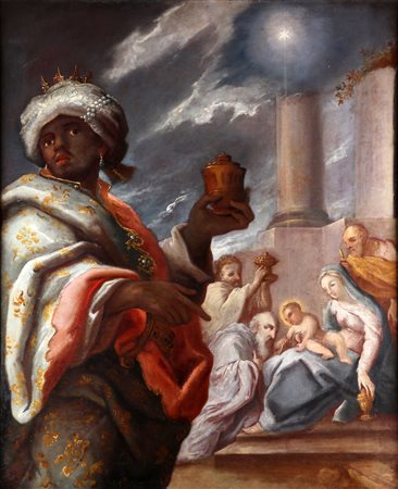 ARTISTA VENETO DEL XVII SECOLO La visita dei re magi. Olio su tela . Cm 92,00...