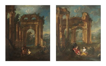 ARTISTA ROMANO DEL XVII SECOLO coppia di dipinti raffiguranti rovine e...