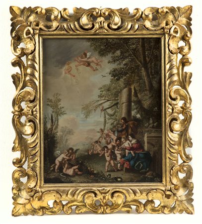 LAFABRIQUE NICOLAS (1649 - 1733) Sacra famiglia e angeli. Olio su tavola. Cm...