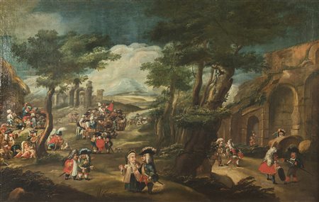 ALBRICI ENRICO (1714 - 1775) Festa di nani in un paesaggio. Olio su tela . Cm...