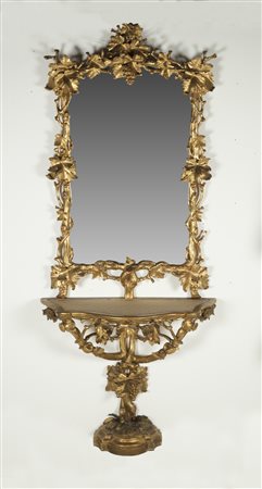 MANIFATTURA TOSCANA DEL XIX SECOLO Consolle e specchiera in legno dorato e...