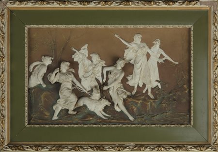 MANIFATTURA FRANCESE DEL XIX SECOLO Pannello con Scena di caccia con baccanti...
