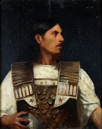 ARTISTA DEL XIX SECOLO Ritratto d'uomo con armatura. Olio su tela applicata...