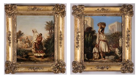 PITTORE ORIENTALISTA DEL XIX SECOLO Coppia di dipinti raffiguranti donne con...