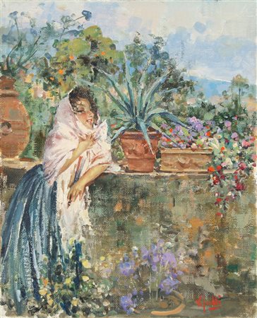 IROLLI VINCENZO (1860 - 1942) Fanciulla in giardino. Olio su tela . Cm 34,00...