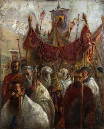 JORIS PIO (1843 - 1921) Processione ad Assisi. Olio su tela . Cm 80,00 x...