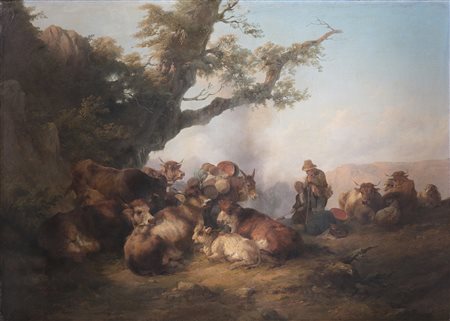 PITTORE NAPOLETANO DEL XIX SECOLO Gregge e pastore. Olio su tela . Cm 119,00...