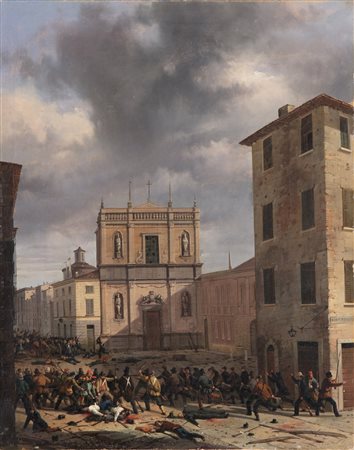JOLI FAUSTINO (1814 - 1876) La barricata a San Barnaba, Brescia. Olio su tela...