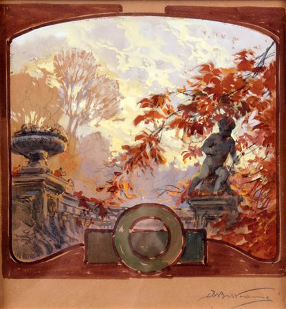 BELTRAME ACHILLE (1871 - 1945) Scorcio di giardino con balaustra e statua....