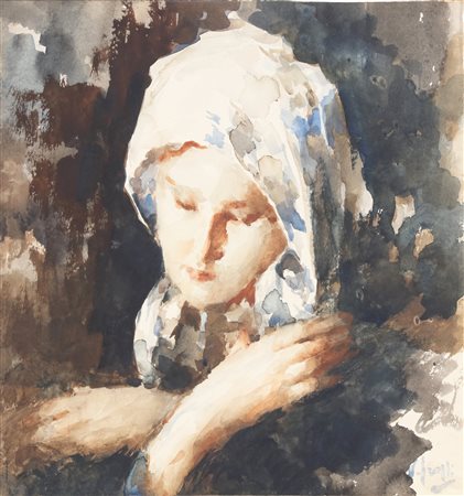 IROLLI VINCENZO (1860 - 1942) Ritratto di fanciulla. Acquerello su carta. Cm...