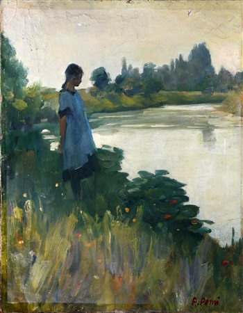 POMI ALESSANDRO (1890 - 1976) Bimba in riva al fiume. Olio su cartone...