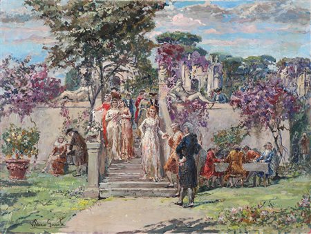 GIUNTI VITTORIO (1894 - 1964) Giardino e figure in abiti settecenteschi. Olio...