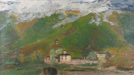 ABRAMI FELICE (1872 - 1919) Paesaggio montano con case. Olio su tavola. Cm...