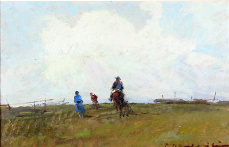 DOMENICI CARLO (1898 - 1981) Paesaggio con cavaliere. Olio su faesite. Cm...