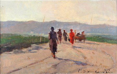 DOMENICI CARLO (1898 - 1981) Paesaggio con personaggi. . Olio su faesite. Cm...