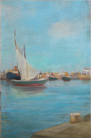SCATTOLA FERRUCCIO (1873 - 1950) Porto e barche. Olio su tavola. Cm 23,00 x...