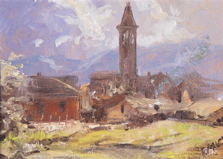 MUS ITALO (1892 - 1967) Veduta montana con campanile. Olio su cartone. Cm...