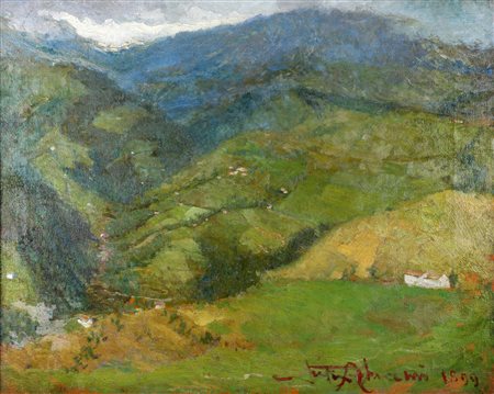 ABRAMI FELICE (1872 - 1919) Paesaggio montano con case. 1899. Olio su tela ....