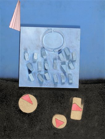 SERGIO DANGELO 1932 Troppo stretti Pittura e collage su tavola, cm. 80 x 60 x...