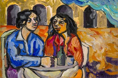 SAVERIO TERRUSO (1939 - 2003) Al bar Olio su tela 20 x 30 cm Firmato in basso...