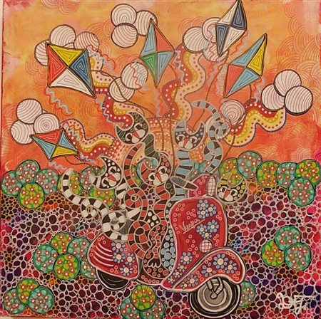 Daniela Terragni Milano 1966 Aquiloni 2014 Mista su tela 60x60 Certificato di...