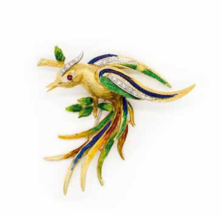 Spilla in oro giallo e bianco, gr. 21,1, a guisa di uccello del paradiso con...