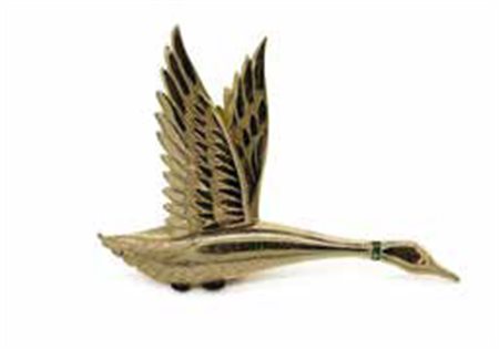 Spilla Cartier a guisa di germano in oro giallo, gr. 19,00, con smeraldi e...