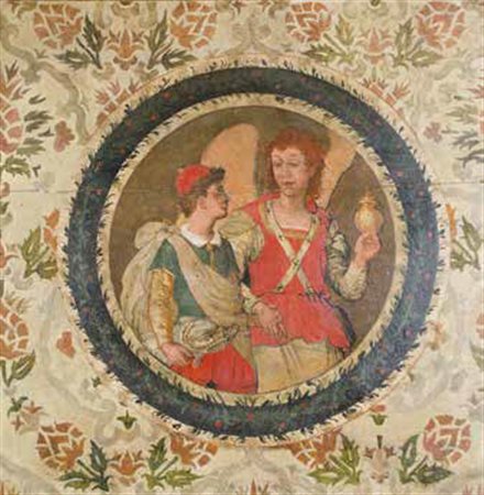 Scuola Lombarda fine del XVI secolo FRAMMENTO DI CASSONE DECORATO tavola, cm...