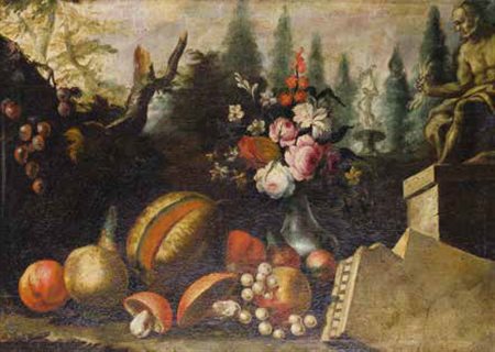 Scuola Romana del XVII/XVIII secolo NATURA MORTA olio su tela, cm 48,5x60.