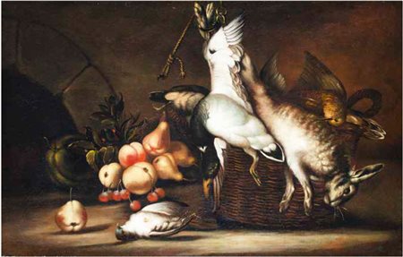 Scuola Lombarda del XVII secolo NATURA MORTA CON CACCIAGIONE olio su tela, cm...