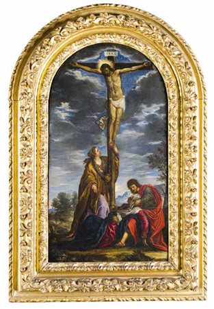 Scuola Veneta del XVII secolo CROCEFISSIONE olio su rame, cm 60x32,5. Stima:...