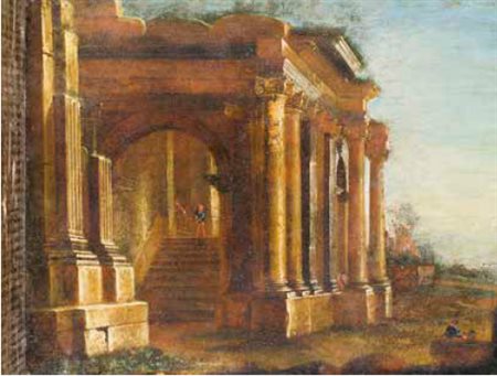 Scuola Romana del XVII/XVIII secolo ARCHITETTURA olio su rame, cm 24x30.