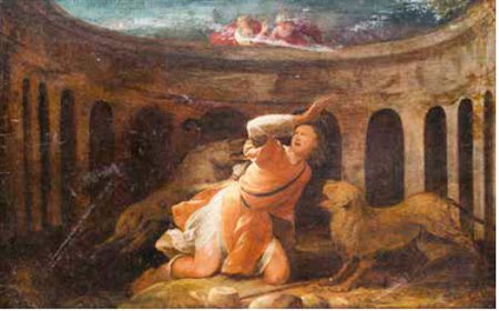 Scuola Lombarda del XVII secolo DANIELE NELLA FOSSA DEI LEONI olio su tavola,...