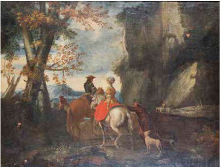Scuola Toscana fine del XVIII secolo L’INCONTRO NEL BOSCO olio su tela, cm...