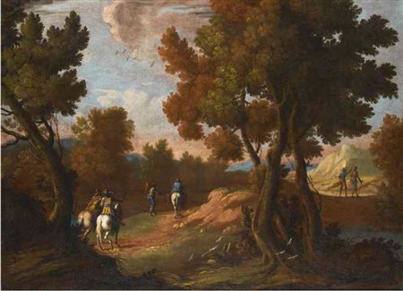 Scuola Lombarda del XVII secolo PAESAGGIO CON CAVALIERI olio su tela, cm 90x114