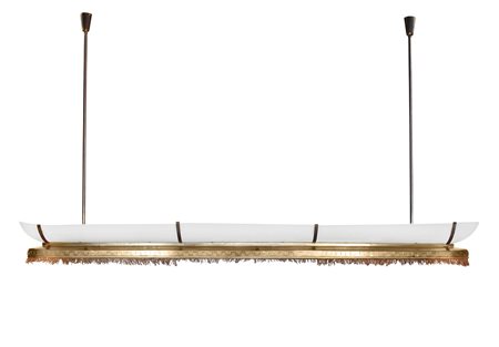 Monumentale lampadario a binario in ottone, con schermi diffusori in...
