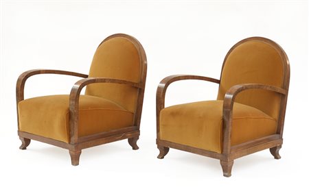 Coppia di poltrone art déco in legno impiallacciato in radica con schienale e...