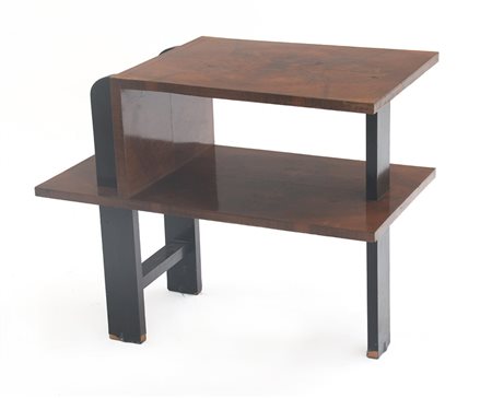 Tavolino déco a due ripiani in radica di noce e montanti ebanizzati. Anni...