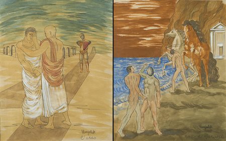 Firma indecifrata.Coppia di tecniche miste dall'opera di De Chirico. Firmati...