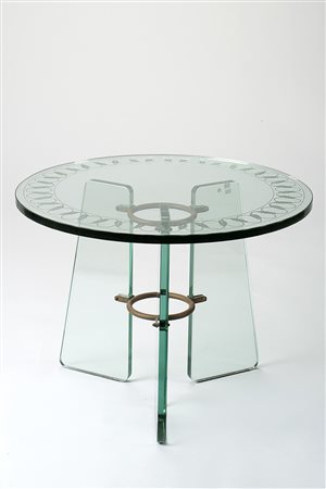 Luigi Brusotti (1926)(Attribuito)Tavolino a tre gambe in cristallo molato...