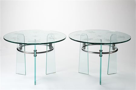 Luigi Brusotti (1926)(Attribuito)Coppia di tavolini a tre gambe in cristallo...