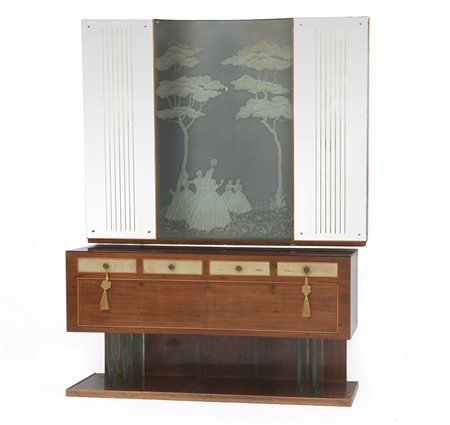 Buffet in legno impiallacciato in palissandro indiano con quattro cassetti...