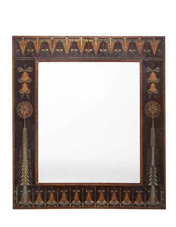 Bugatti (bottega di) Cornice intarsiata in legni diversi, ottone e peltro con...