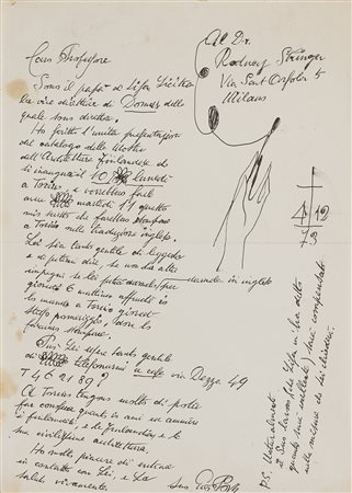 Gio Ponti (Milano 1891 - Milano 1979)Lettera autografa con disegno, inviata a...