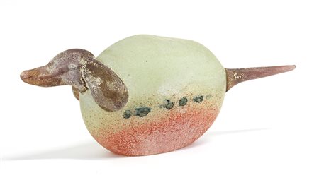 Luigi Mellara "Bassotto"Scultura in vetro soffiato verde, rosso e marrone...