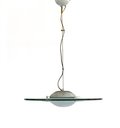 Lampada a sospensione con disco in vetro di forte spessore satinato sulla...