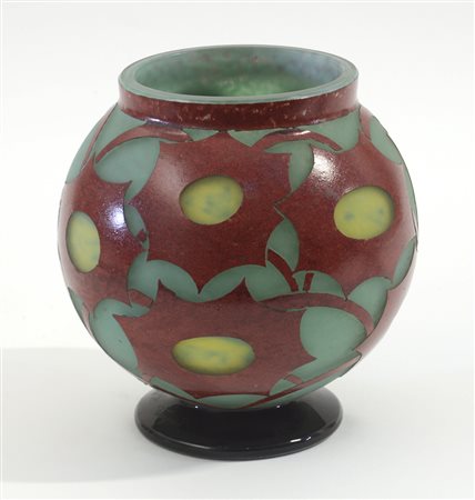 Charder Vaso globulare in vetro incamiciato a cammeo rosso, giallo e verde,...