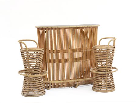 Tito Agnoli (Lima 1931 - Milano 2012)Mobile bar e due sgabelli in malacca e...