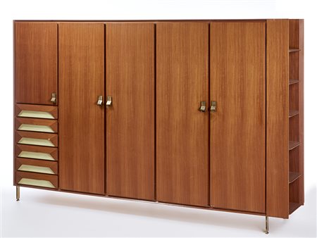 Armadio a quattro ante, uno sportello, sei cassetti e libreria sul fianco,...