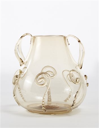 Manifattura di Murano Vaso bulbiforme biansato in vetro soffiato pagliesco...